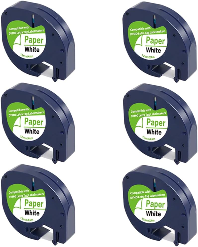 FlyLong LT-100H Plus LT-100H LT- 200B LT-100T Label Maker Refills 91330 10697 Paper Black on White Tape Compatible for Dymo Letratag Refills 12mm x 4m 1/2" x 13', 6-Pack - Image 1